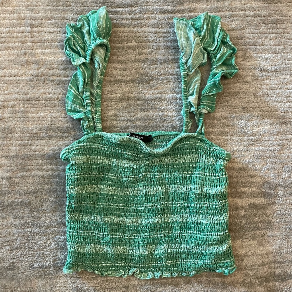Forever 21 Green and White Striped Ruffle Tank